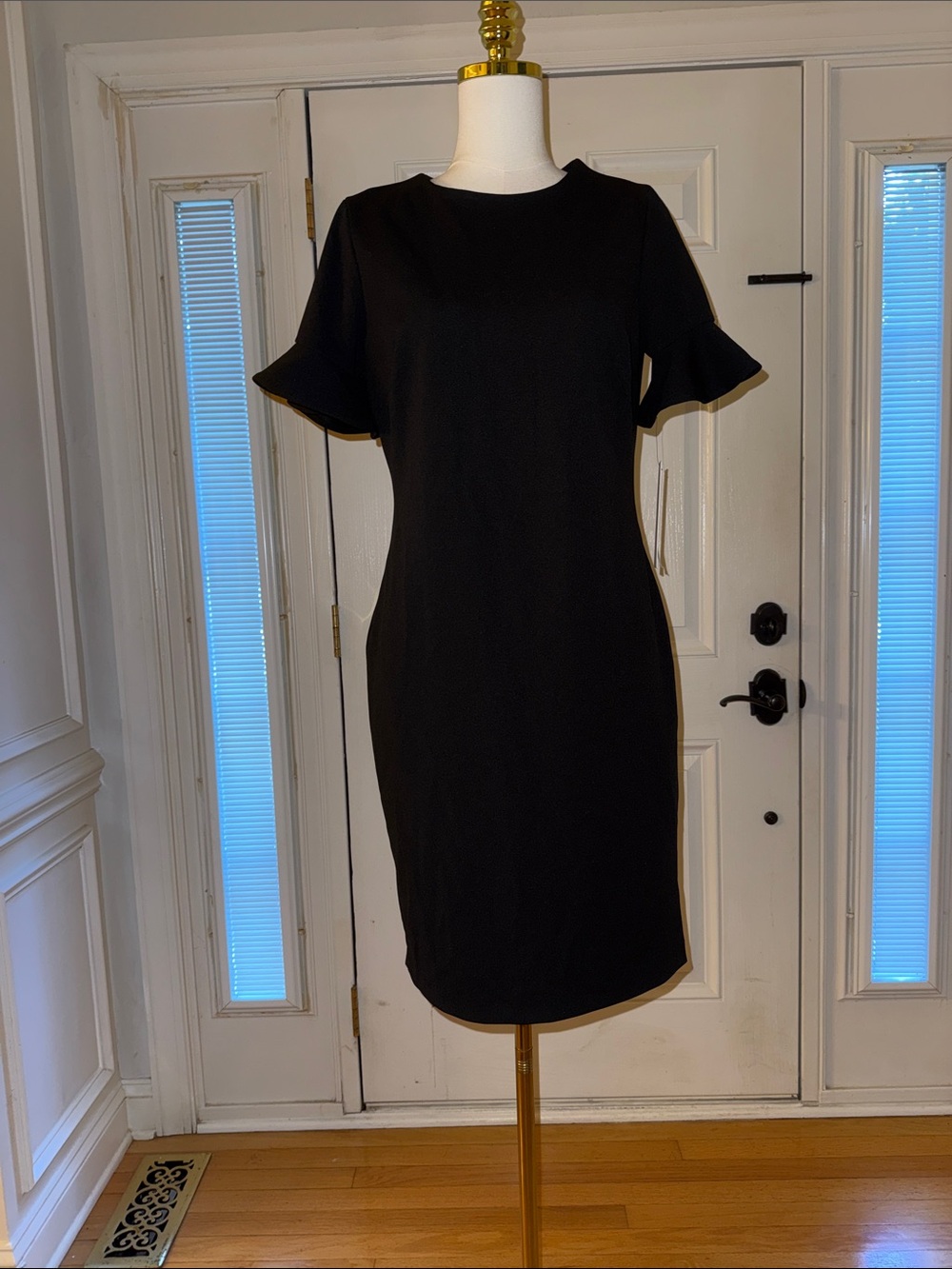 Calvin Klein Black Ruffle-Sleeve Midi Sheath Dress